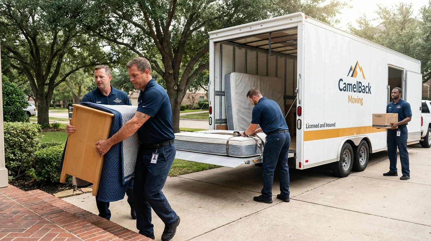 Crew loading residential truck for cross-state move from Casselton, ND