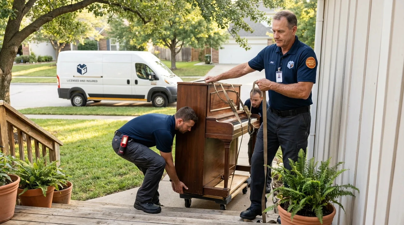 Licensed piano movers securing grand piano in Casselton, ND