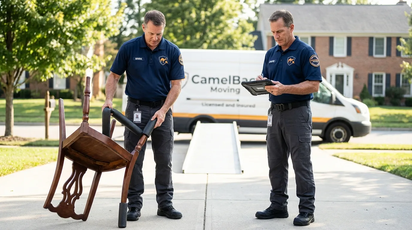 Movers inspecting furniture for damage prevention before loading in Casselton, ND