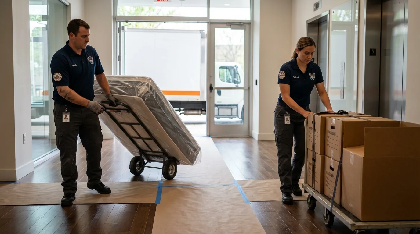 Professional apartment movers loading elevator in Casselton, ND